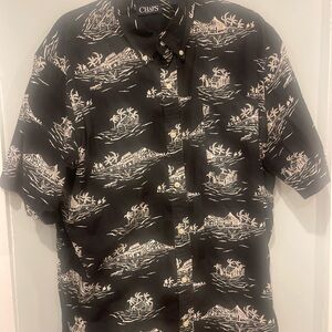 Chaps Black Casual Button Down Shirt with Floral Design
